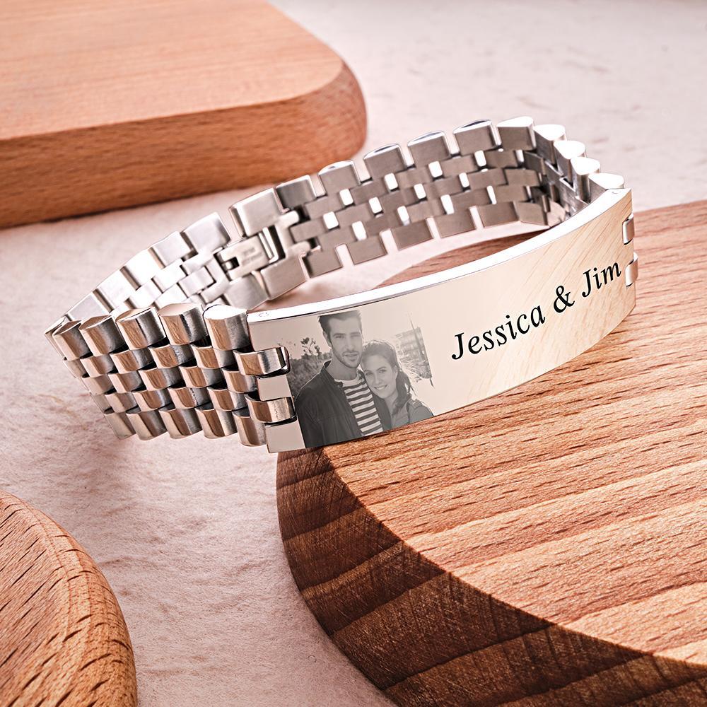 Personalized Photo Wide Bracelet With Text Engraved Vintage Bracelet Gifts For Him - 
