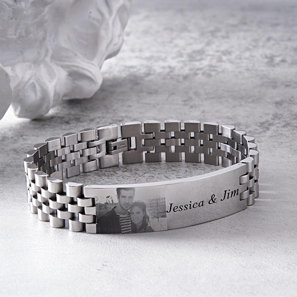 Personalized Photo Wide Bracelet With Text Engraved Vintage Bracelet Gifts For Him - 