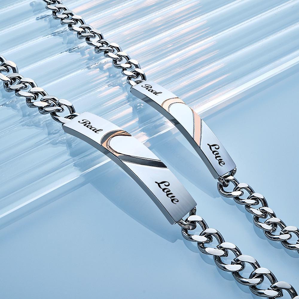 Engraved Couple Bracelet Personalized  Love Heart Wide Chain BraceletValentine's Day - 