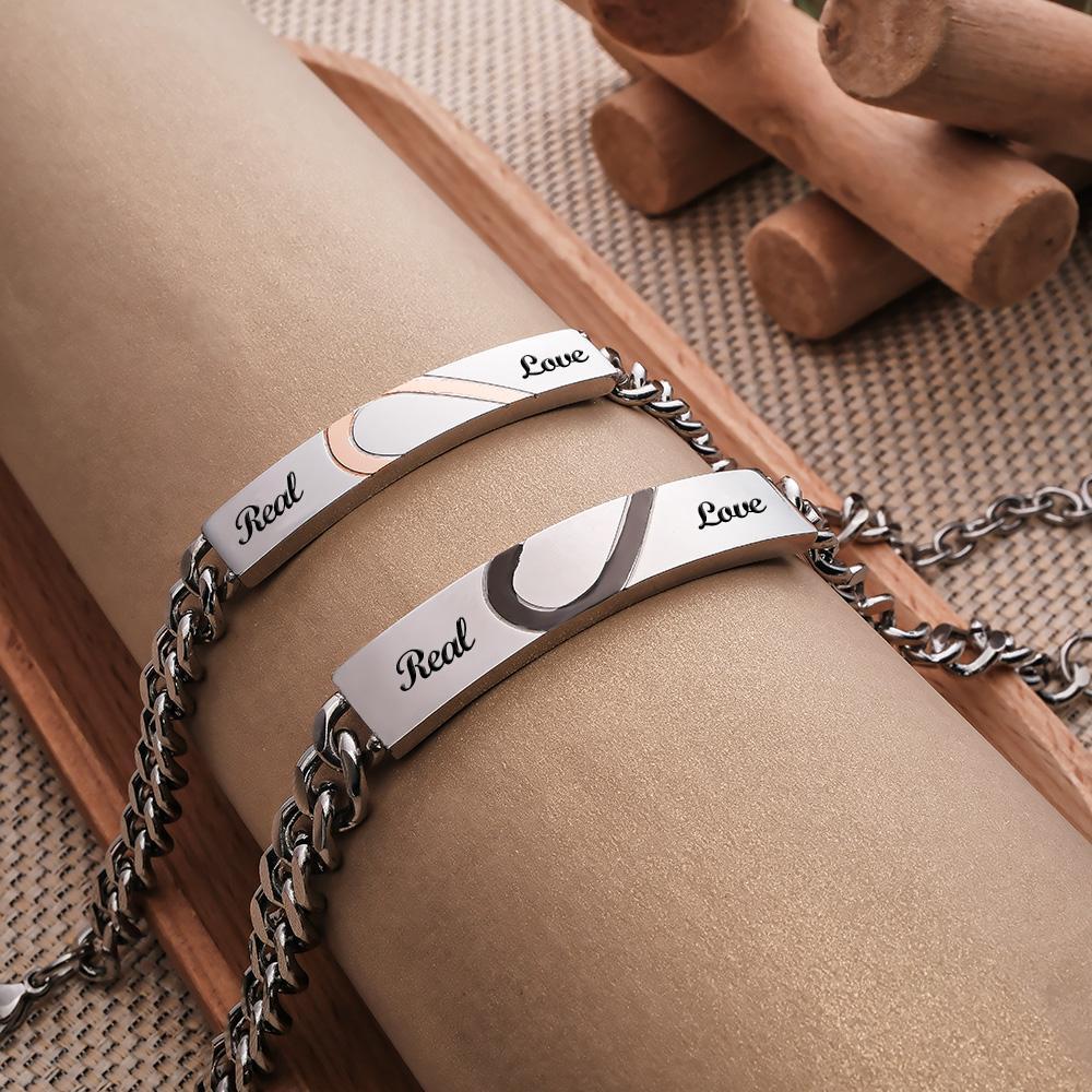 Engraved Couple Bracelet Personalized  Love Heart Wide Chain BraceletValentine's Day - 