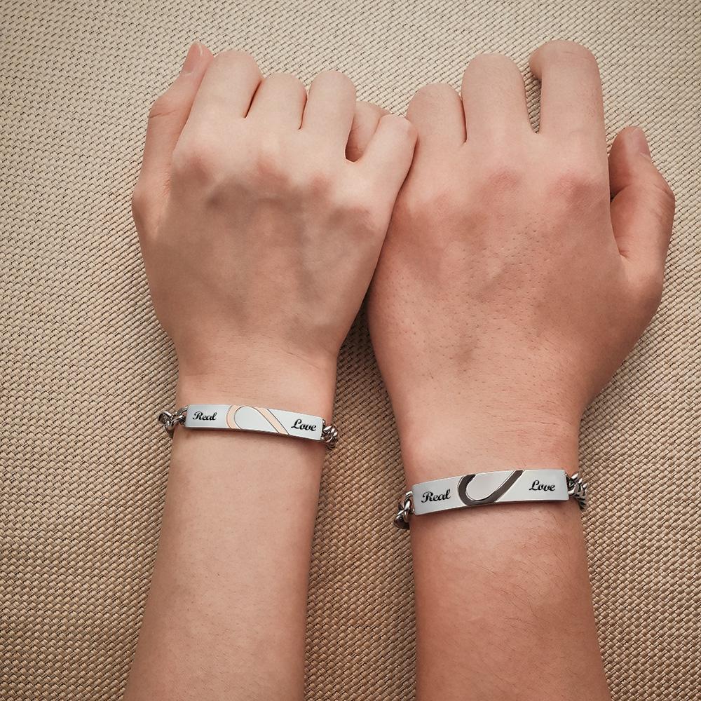 Engraved Couple Bracelet Personalized  Love Heart Wide Chain BraceletValentine's Day - 