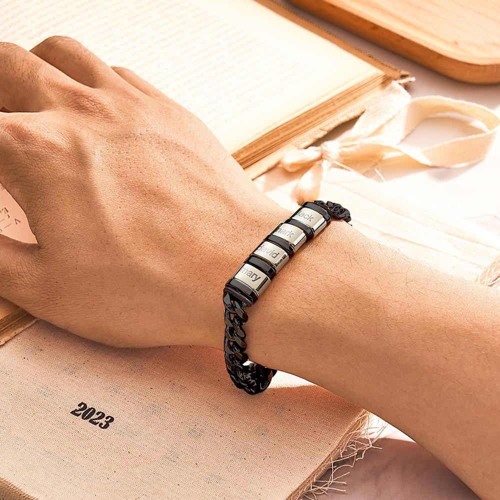 Personalized 1-6 Names Cuban Link Bracelet with Beads for Men Stainless Steel Custom Laser Engraved Jewelry - 