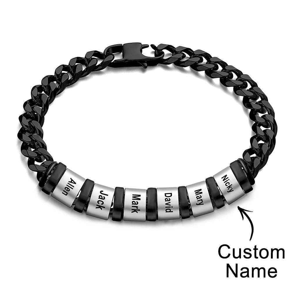 Personalized 1-6 Names Cuban Link Bracelet with Beads for Men Stainless Steel Custom Laser Engraved Jewelry - 