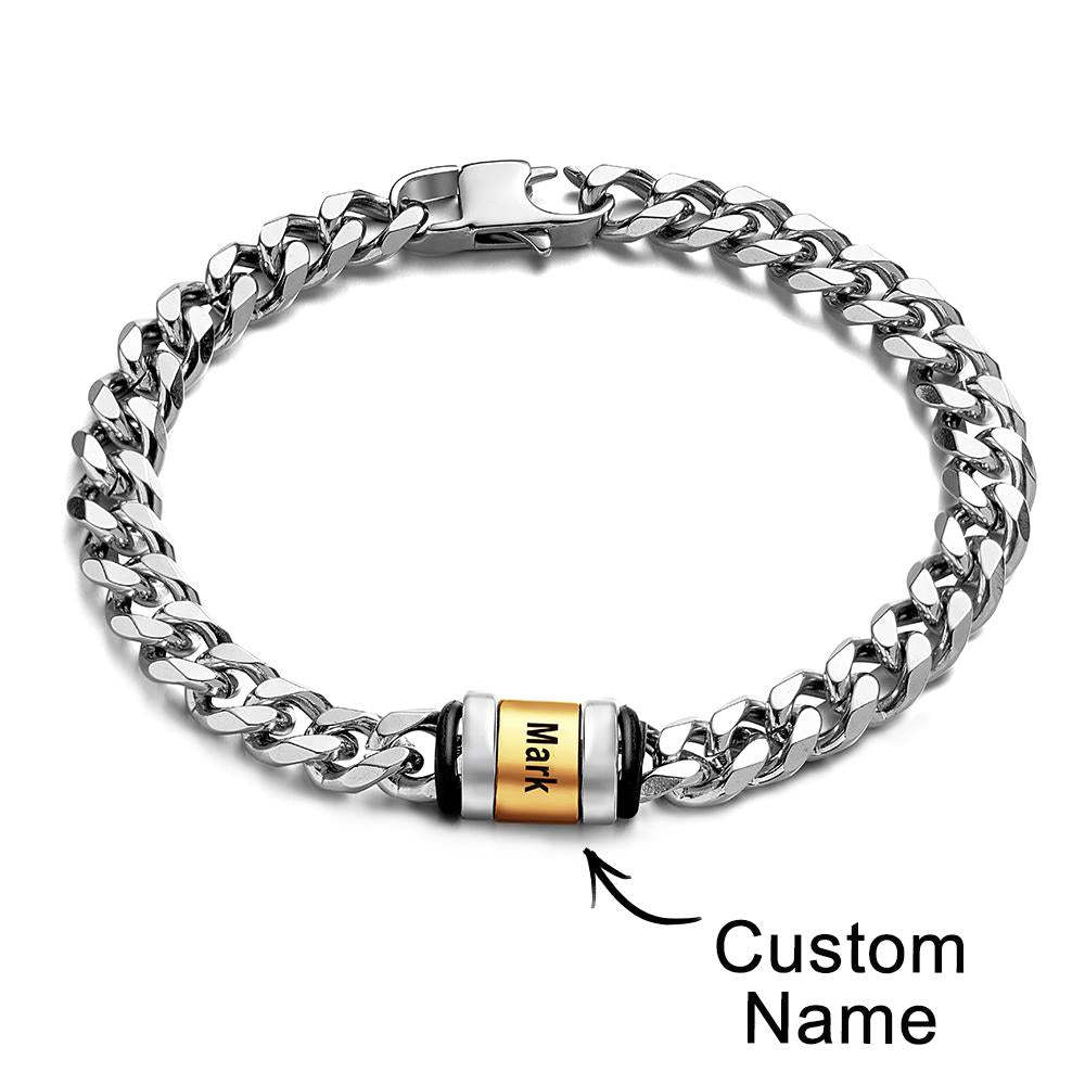 Custom Engraved Name Bracelet Women Men Silver Gold Stainless Steel Father's Day Gifts - 