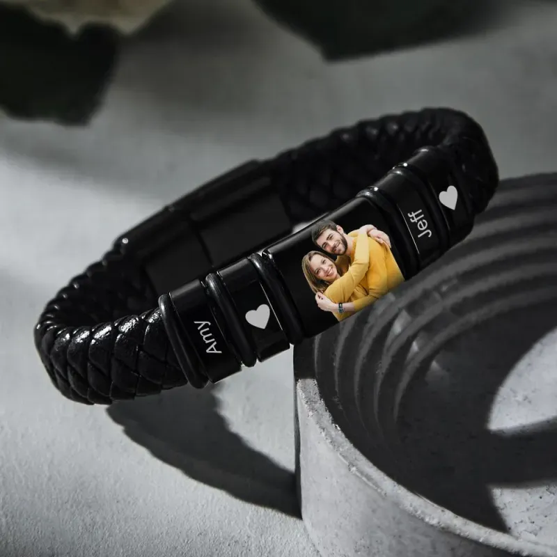 Men's Bracelet Custom Photo Engraved Bracelet Leather Bracelet Gifts for Him - 