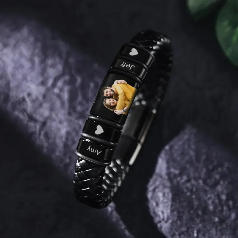 Men's Bracelet Custom Photo Engraved Bracelet Leather Bracelet Gifts for Him - 