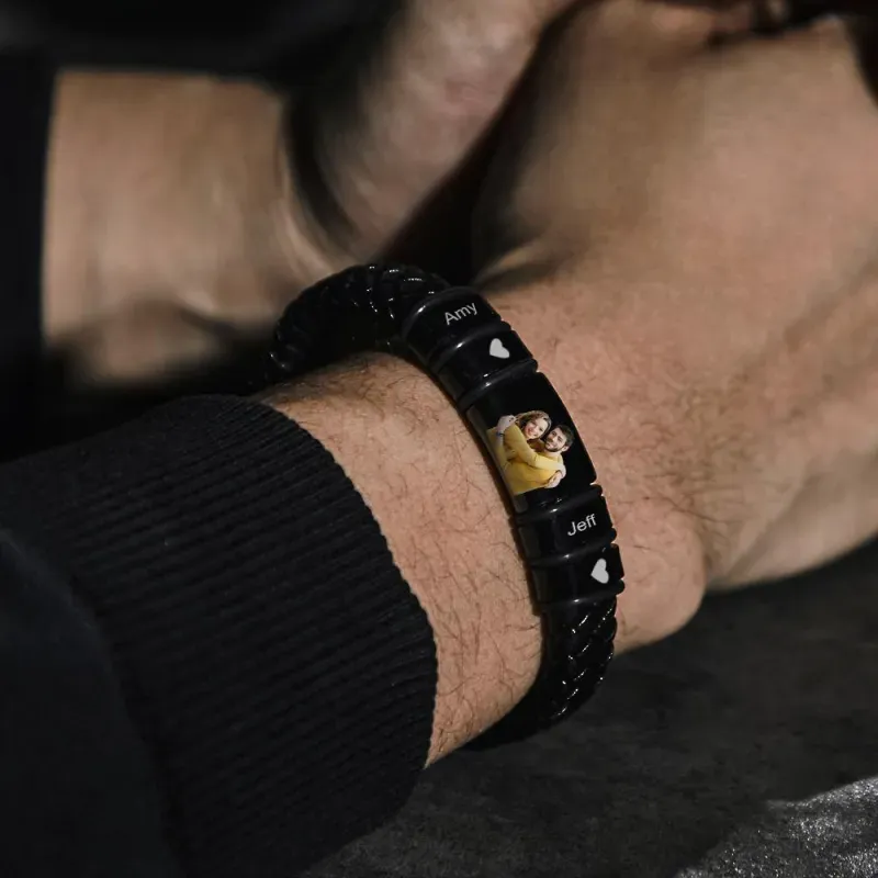 Men's Bracelet Custom Photo Engraved Bracelet Leather Bracelet Gifts for Him - 