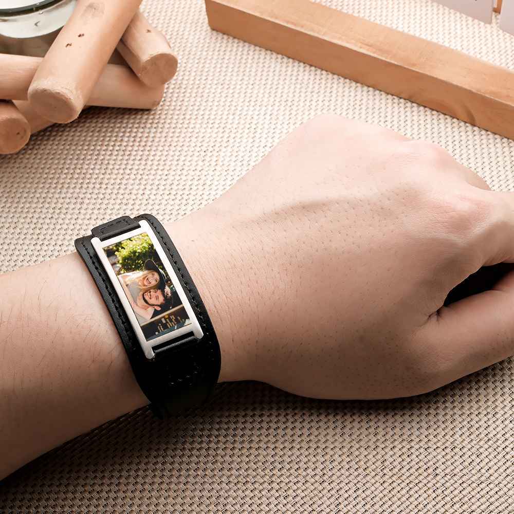 Personalized Photo Leather Bracelet Vintage Wide Bracelet For Men - 