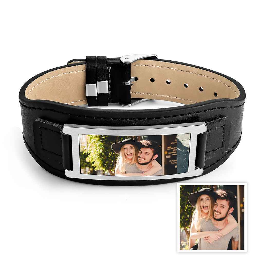 Personalized Photo Leather Bracelet Vintage Wide Bracelet For Men - 