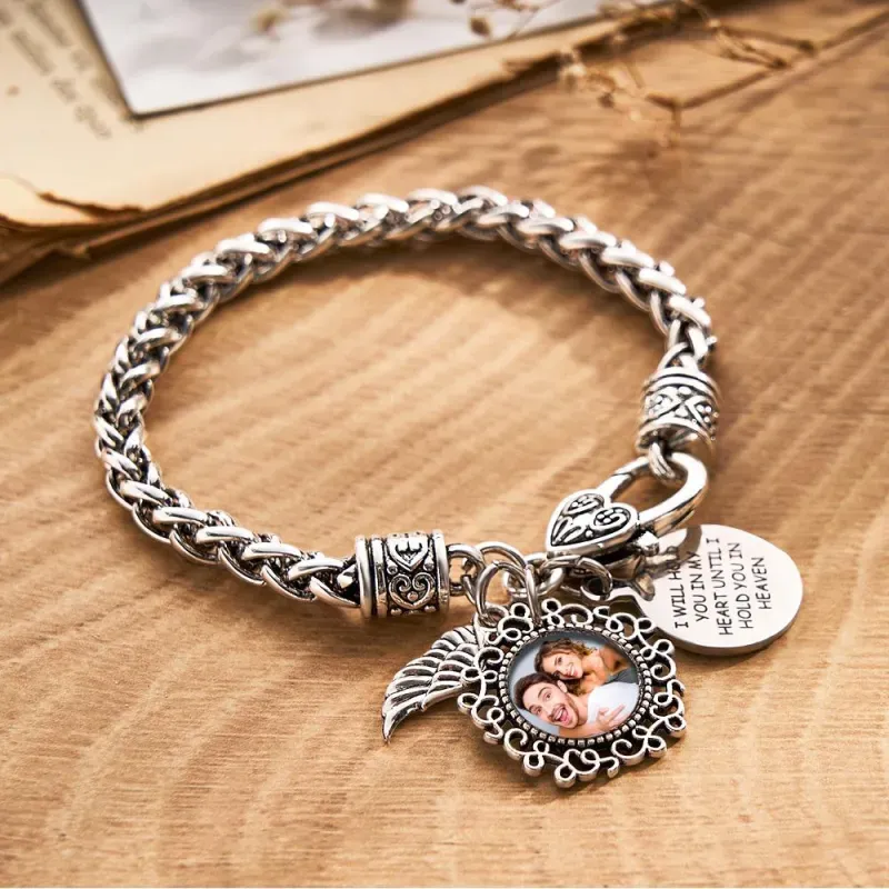 Personalized Photo Memorial Bracelet Gifts Remembrance I'll Hold You In My Heart Angel Wing Jewelry - 