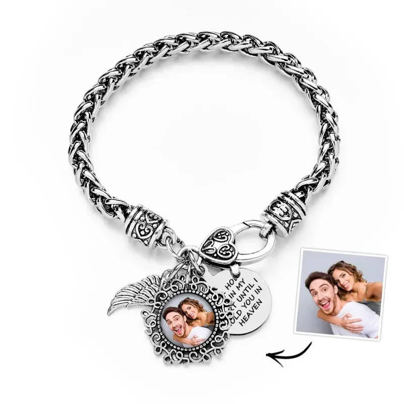 Personalized Photo Memorial Bracelet Gifts Remembrance I'll Hold You In My Heart Angel Wing Jewelry - 