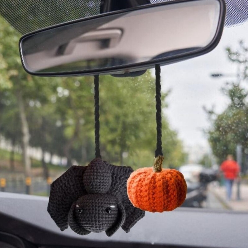 Crochet Bat Car Charm: Halloween Rearview Mirror Decoration - 