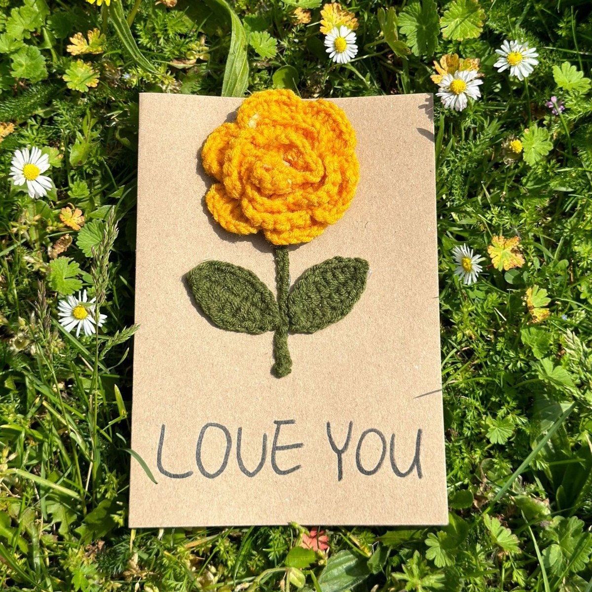 Handmade Crochet Flower Greeting Card Yellow Rose Valentine’s Day 3D Knitted Floral Card, Romantic Gift for Her - 