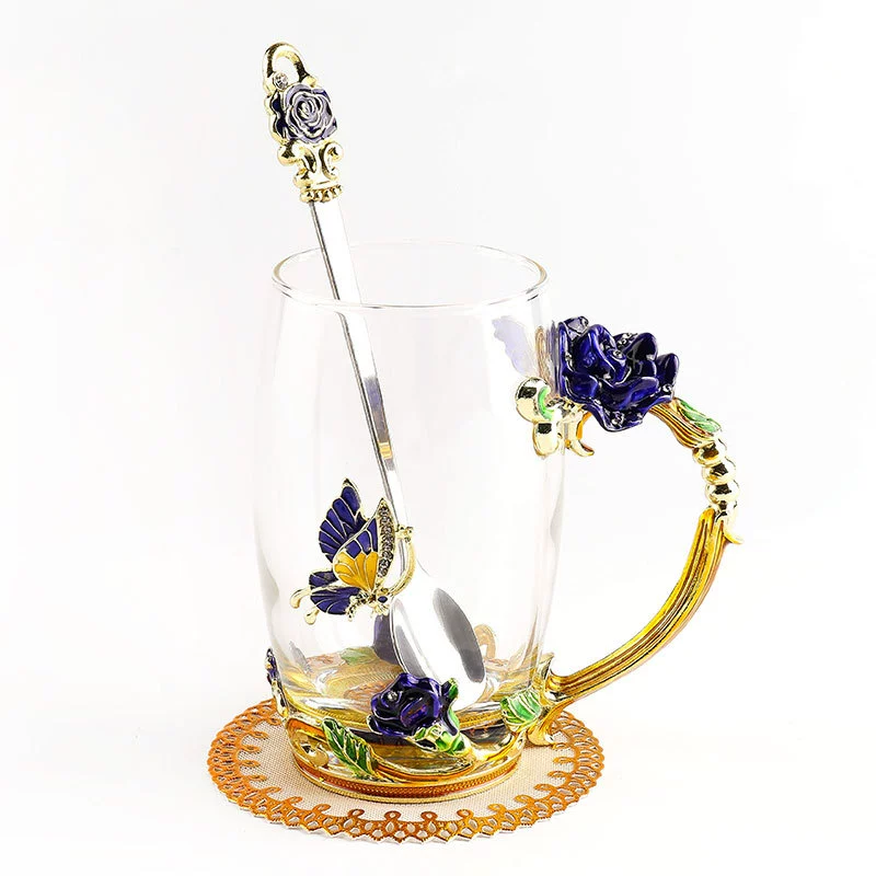Mother's Day Gifts Handmade Enamel Butterfly Flower Glass Coffee Mugs Tea Cup with Spoon,Birthday Gifts for Her Women Mum Friends