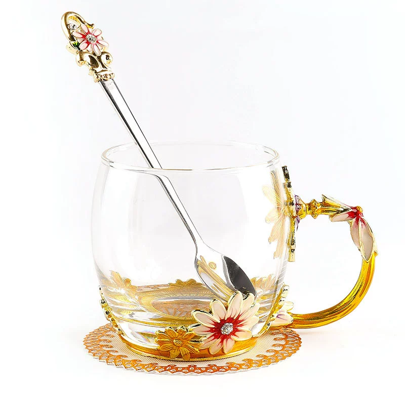 Mother's Day Gifts Handmade Enamel Butterfly Flower Glass Coffee Mugs Tea Cup with Spoon,Birthday Gifts for Her Women Mum Friends