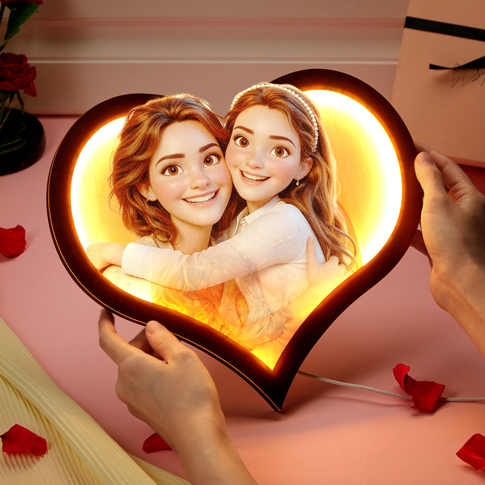Mother's Day Gifts Personalised Heart Photo Cartoon Portrait Frame with LED