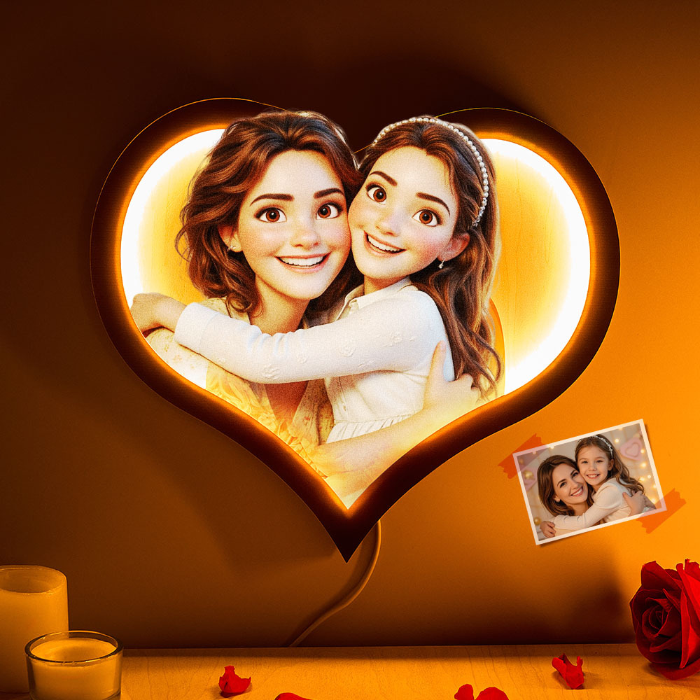 Mother's Day Gifts Personalised Heart Photo Cartoon Portrait Frame with LED