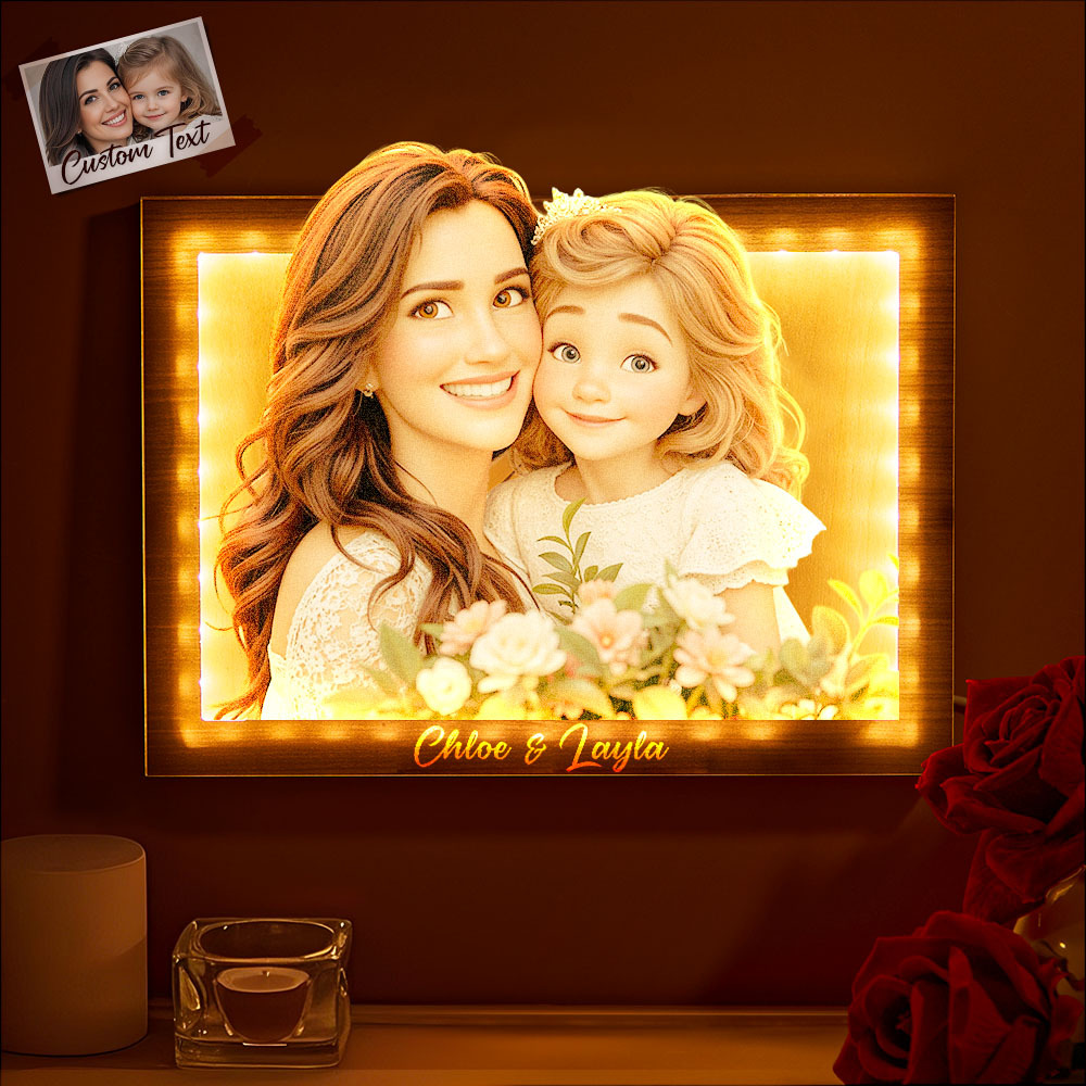 Custom Cartoon Mother and Kid Photo Rectangular Warm Light Frame Lamp