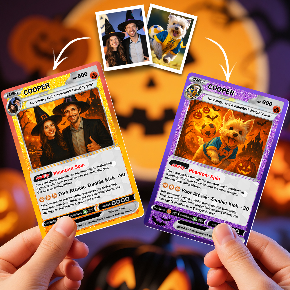 Custom Halloween & Christmas Couple Card – Personalized Cartoon Trading Card with Photo & Name, Unique Holiday Gift for Him & Her - 