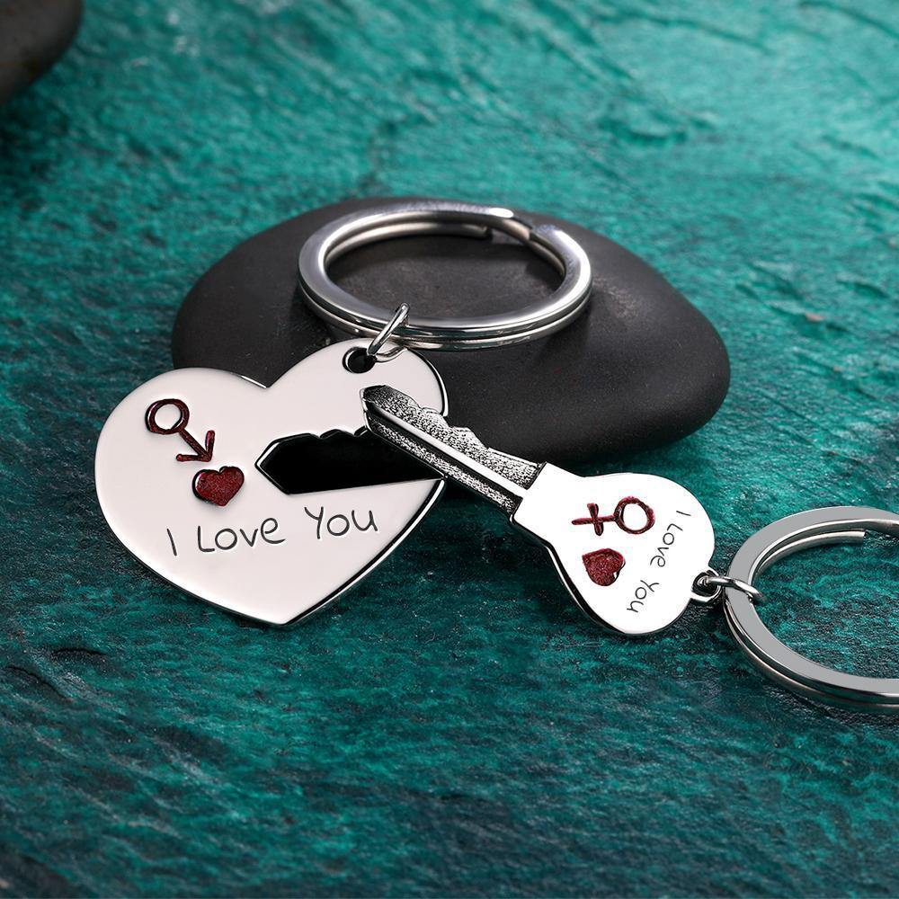 Custom Engraved Heart Lock and Key Couple Keychain Set - MyPhotoWalletAU