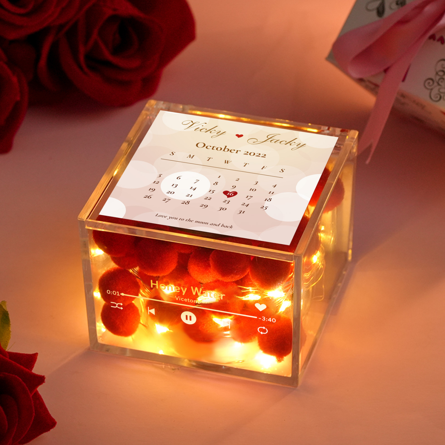 Valentine's Day Mini Vinyl Record Player with Custom Photo and Light Personalized Music Acrylic Box -