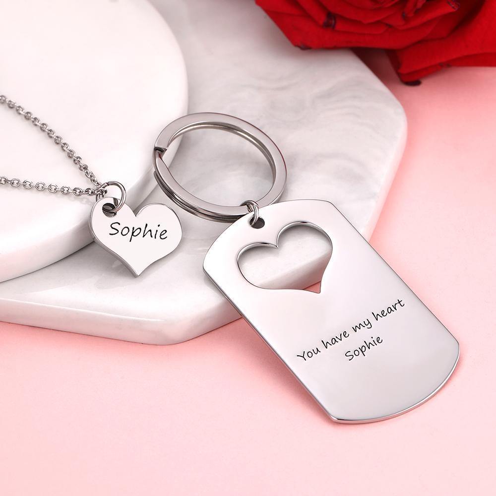 Custom Engraved Couple Keychain and Necklace Set - Heart Dog Tag - MyPhotoWalletAU