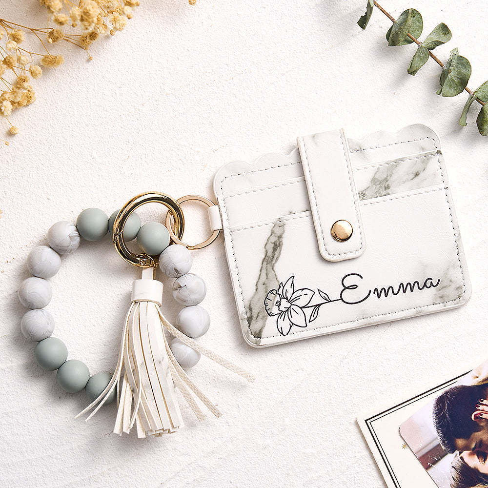 Personalised Birth Flower Leather Wallet with Beaded Bracelet Wallet Gift for Her - myphotowalletau