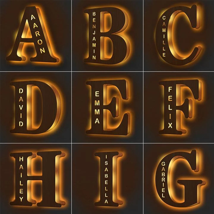 Custom Woodcut Alphabet Wall Light Night Light - MyPhotoWalletAU