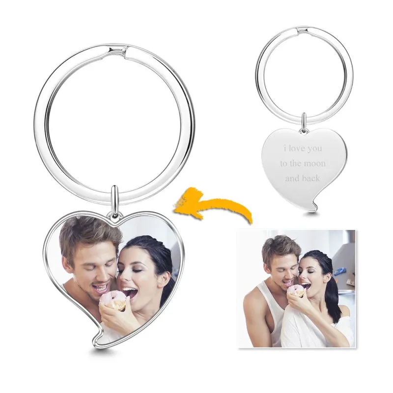 Engraved Heart Shape Custom Photo Key Chain Silver - MyPhotoWalletAU