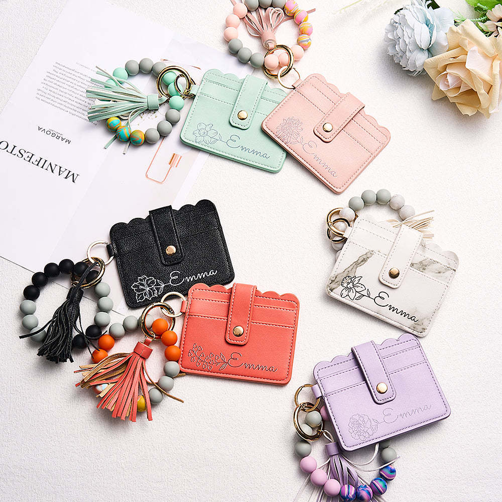 Personalised Birth Flower Leather Wallet with Beaded Bracelet Wallet Gift for Her - myphotowalletau