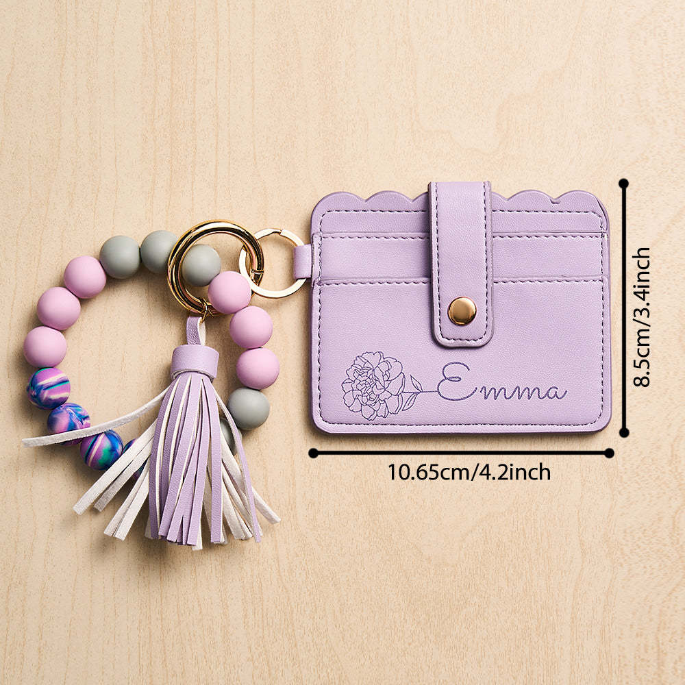 Personalised Birth Flower Leather Wallet with Beaded Bracelet Wallet Gift for Her - myphotowalletau