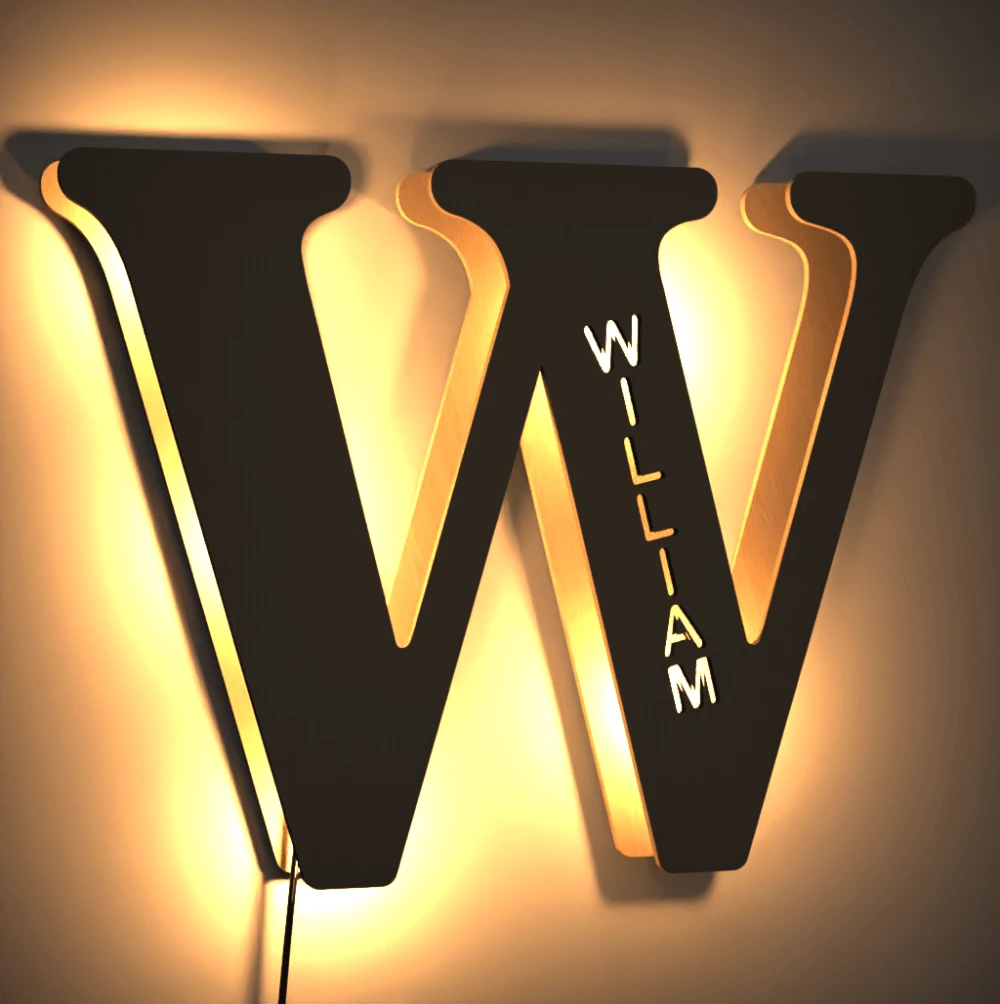 Custom Woodcut Alphabet Wall Light Night Light - MyPhotoWalletAU