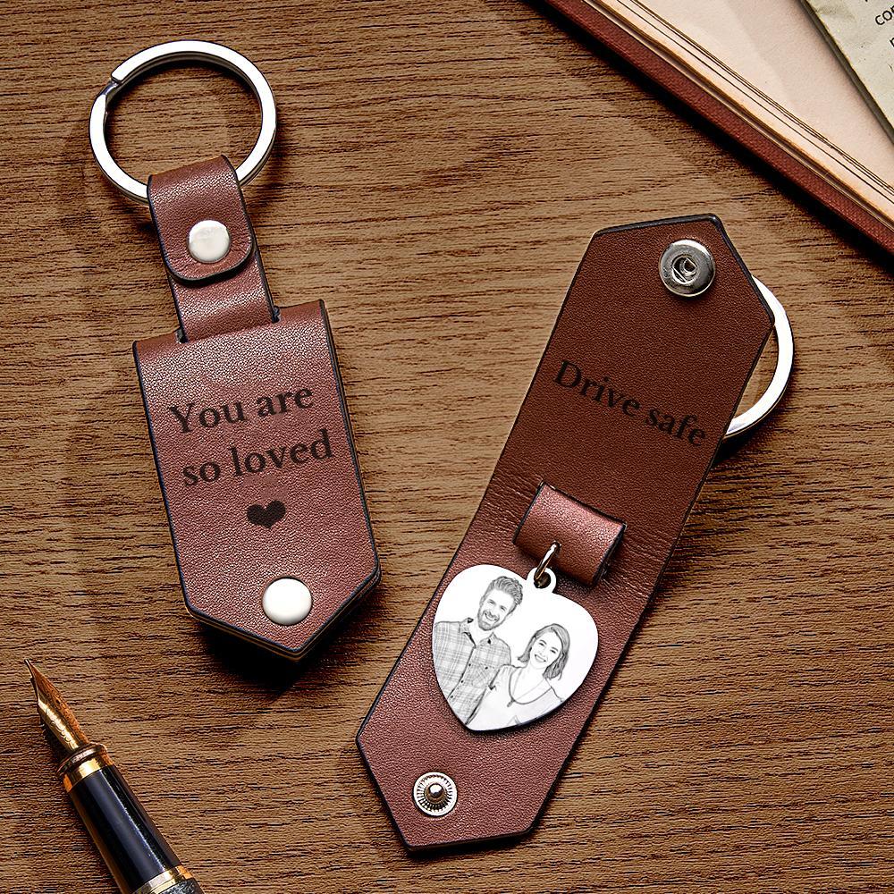Custom Heart Shaped Photo Leather Keychain With Text Annivesary Gifts For Men - myphotowalletau