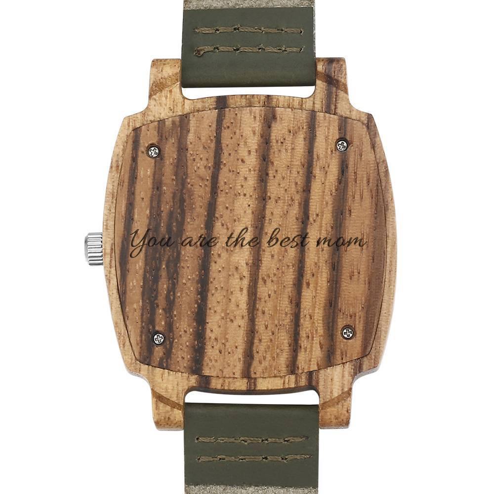 Men's Engraved Bamboo Photo Watch Dark Green Leather Strap 45mm - photowatch