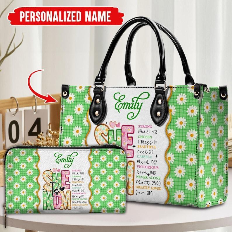Personalized She is Mom Leather Handbag, Custom Mother's Day Gift For Mum, Blessed Mom Gift, Retro Mom Life Handbag, Christmas Gift