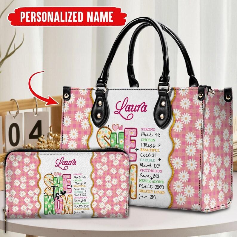 Personalized She is Mom Leather Handbag, Custom Mother's Day Gift For Mum, Blessed Mom Gift, Retro Mom Life Handbag, Christmas Gift