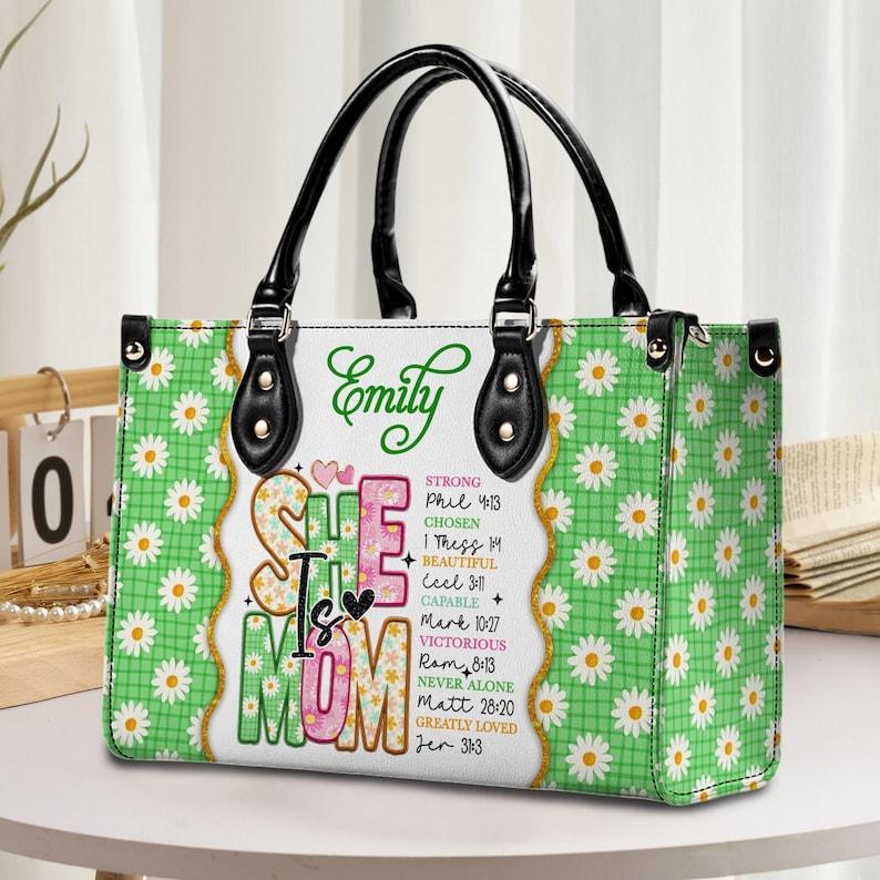 Personalized She is Mom Leather Handbag, Custom Mother's Day Gift For Mum, Blessed Mom Gift, Retro Mom Life Handbag, Christmas Gift