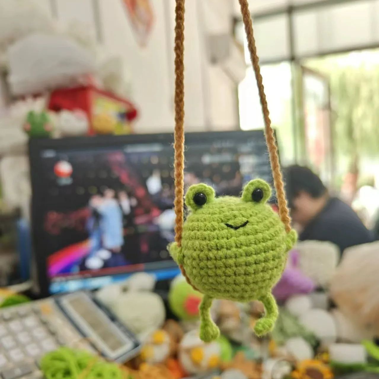 Adorable Crochet Frog on a Swing - Whimsical Handmade Car Hanging Charm, Cute Baby Duck Crochet - 