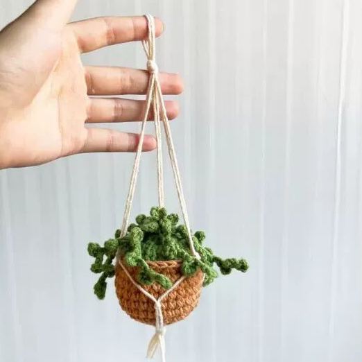 Blooming Car Hanging Basket - Hand Crochet Macrame Rearview Mirror Charm, Boho Floral Car Accessory - 