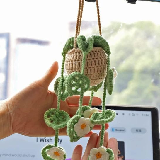 Blooming Car Hanging Basket - Hand Crochet Macrame Rearview Mirror Charm, Boho Floral Car Accessory - 
