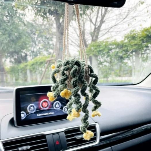 Blooming Car Hanging Basket - Hand Crochet Macrame Rearview Mirror Charm, Boho Floral Car Accessory - 