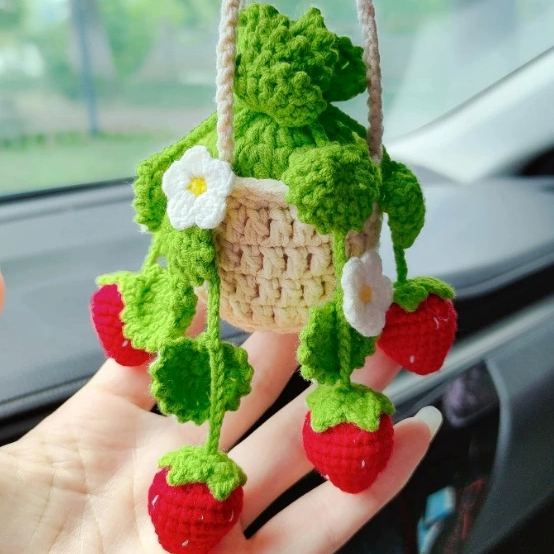 Blooming Car Hanging Basket - Hand Crochet Macrame Rearview Mirror Charm, Boho Floral Car Accessory - 