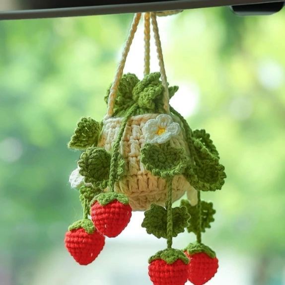 Blooming Car Hanging Basket - Hand Crochet Macrame Rearview Mirror Charm, Boho Floral Car Accessory - 