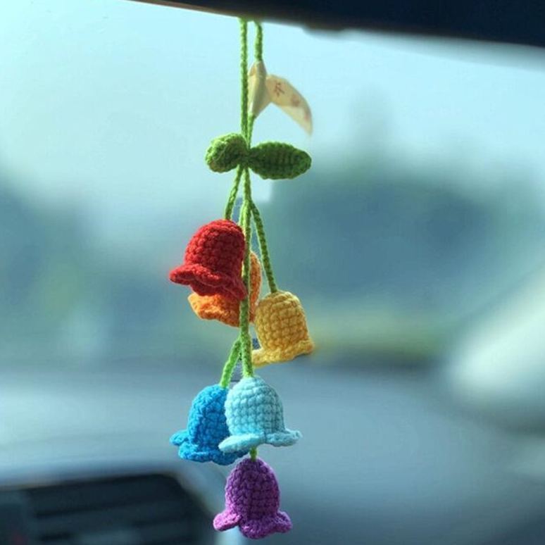 Blooming Car Hanging Basket - Hand Crochet Macrame Rearview Mirror Charm, Boho Floral Car Accessory - 