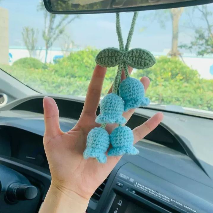 Blooming Car Hanging Basket - Hand Crochet Macrame Rearview Mirror Charm, Boho Floral Car Accessory - 