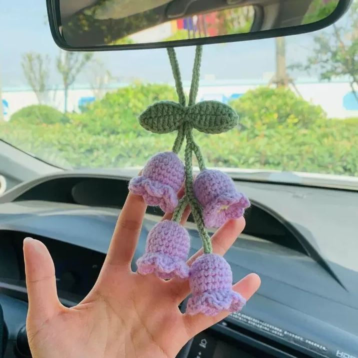 Blooming Car Hanging Basket - Hand Crochet Macrame Rearview Mirror Charm, Boho Floral Car Accessory - 
