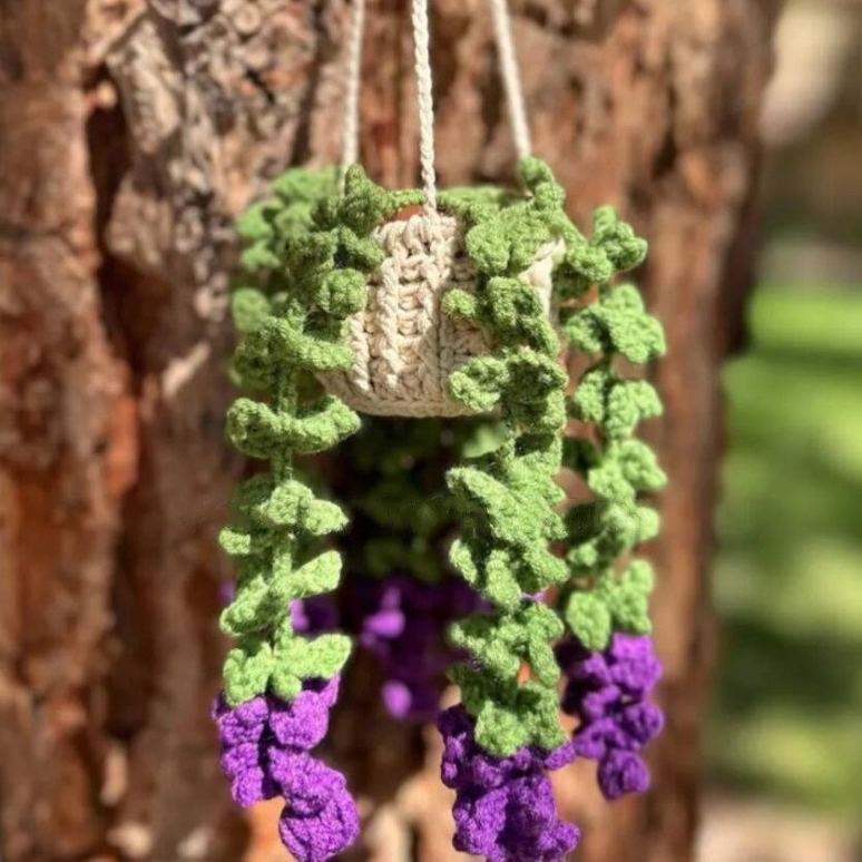 Blooming Car Hanging Basket - Hand Crochet Macrame Rearview Mirror Charm, Boho Floral Car Accessory - 