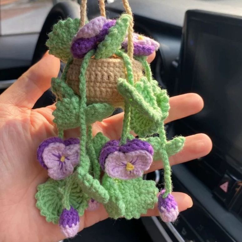 Blooming Car Hanging Basket - Hand Crochet Macrame Rearview Mirror Charm, Boho Floral Car Accessory - 
