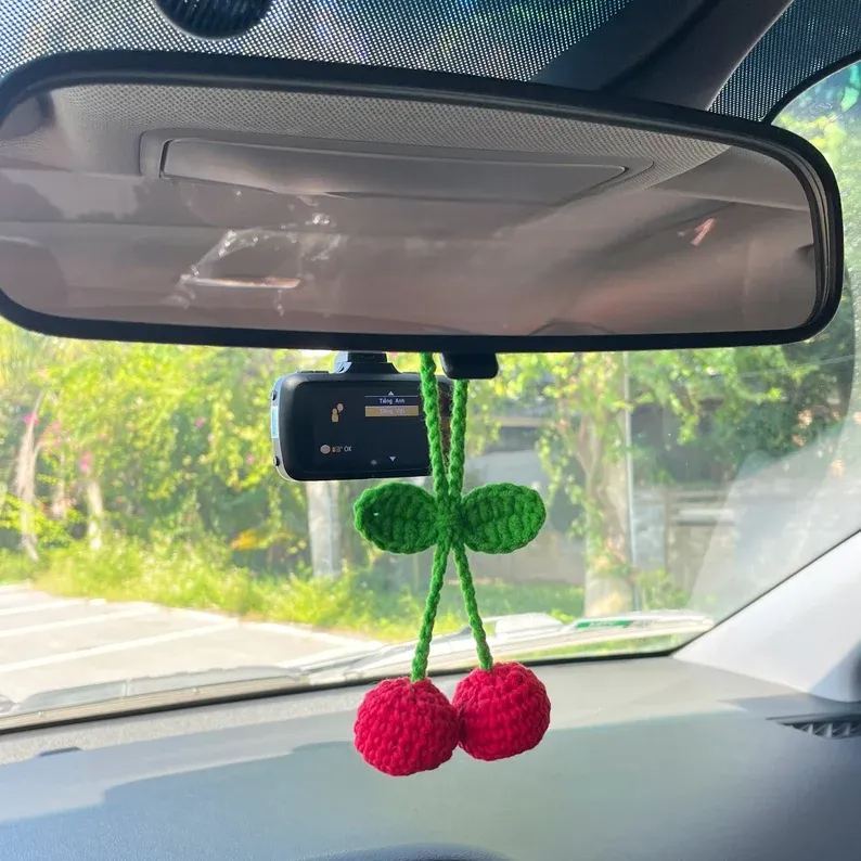 Crochet Cherry Car Mirror Hanging: Handmade Knitted Car Accessory - 