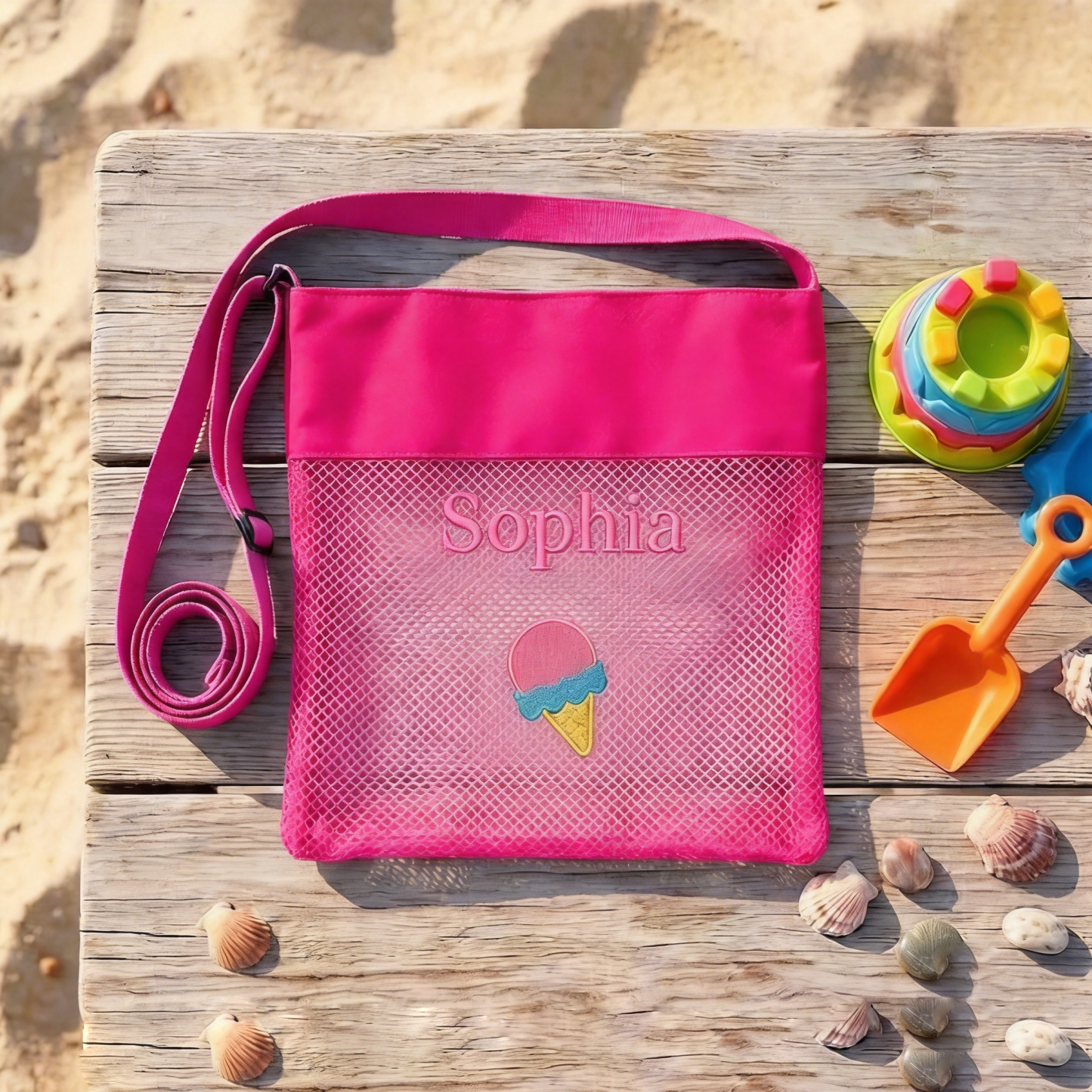 Personalized Embroidered Mesh Beach Bag, Custom Name Shell Collection Tote for Kids, Summer Vacation Birthday Gift,Pool Bag,gift for kid - 
